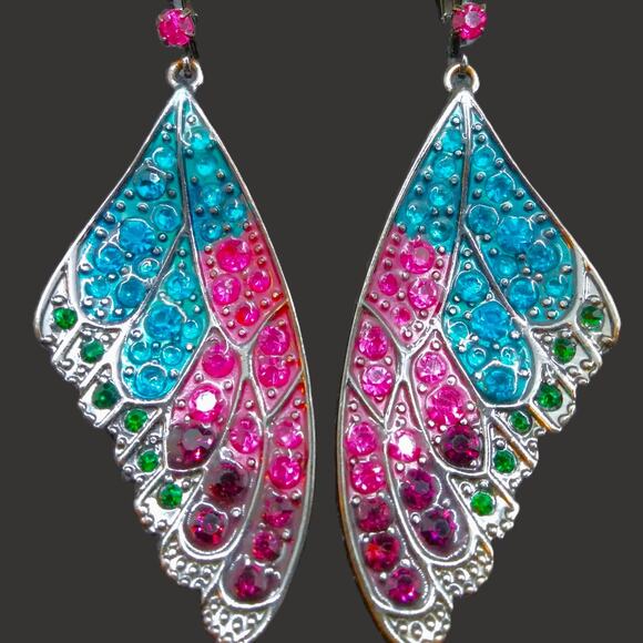 Butterfly Wing Earrings Colorful Gunmetal Gray Dangle Purple Pink Blue Crystals - Picture 7 of 9
